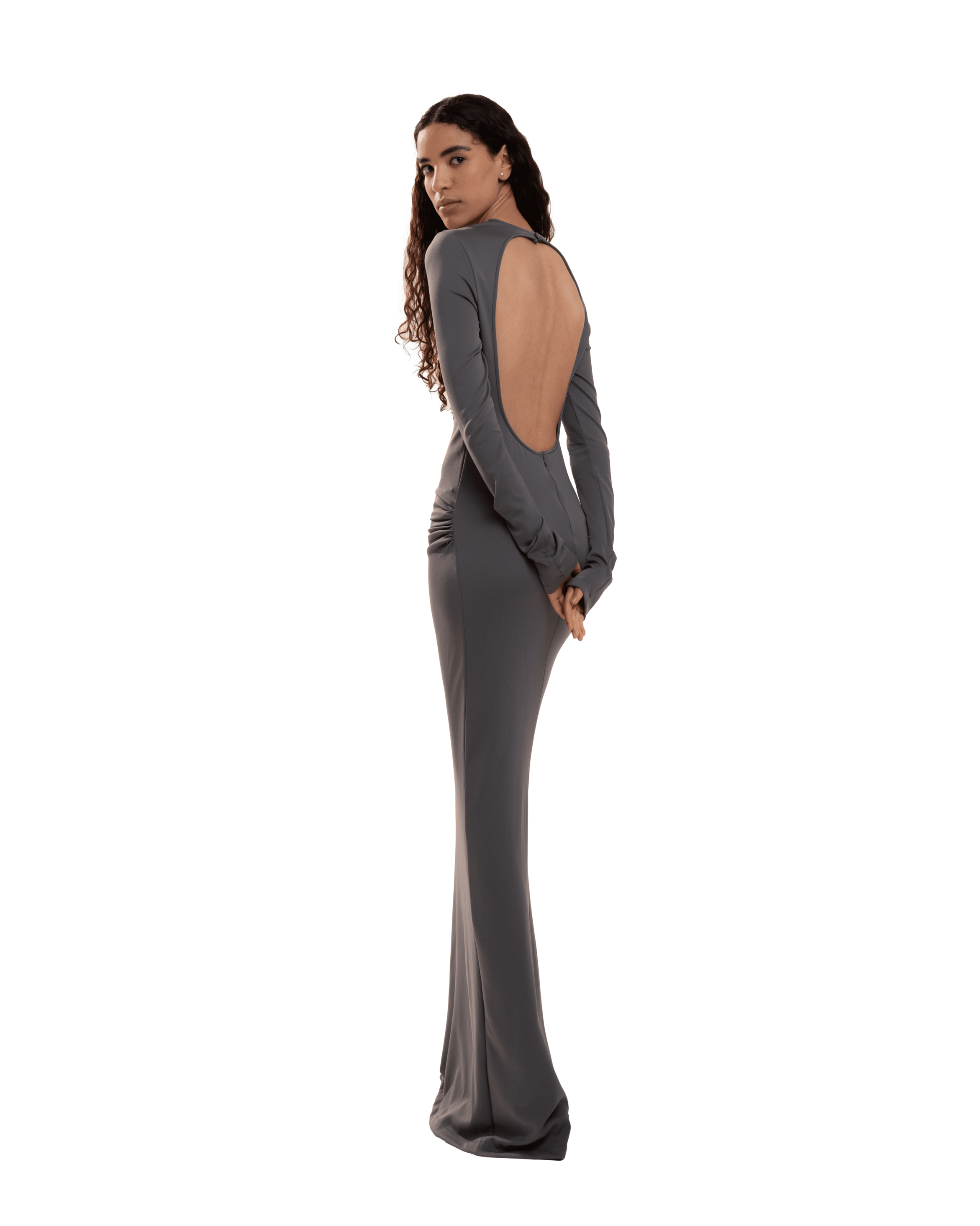 Draped Blackless Dress Smoky Grey Destination Haway Draped Blackless Dress Smoky Grey Destination Haway